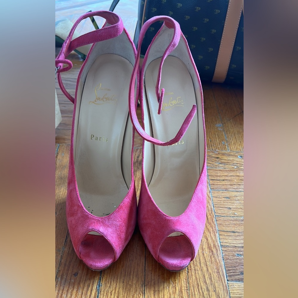 Sweet pink Louboutin Mary Jane peep toe heels